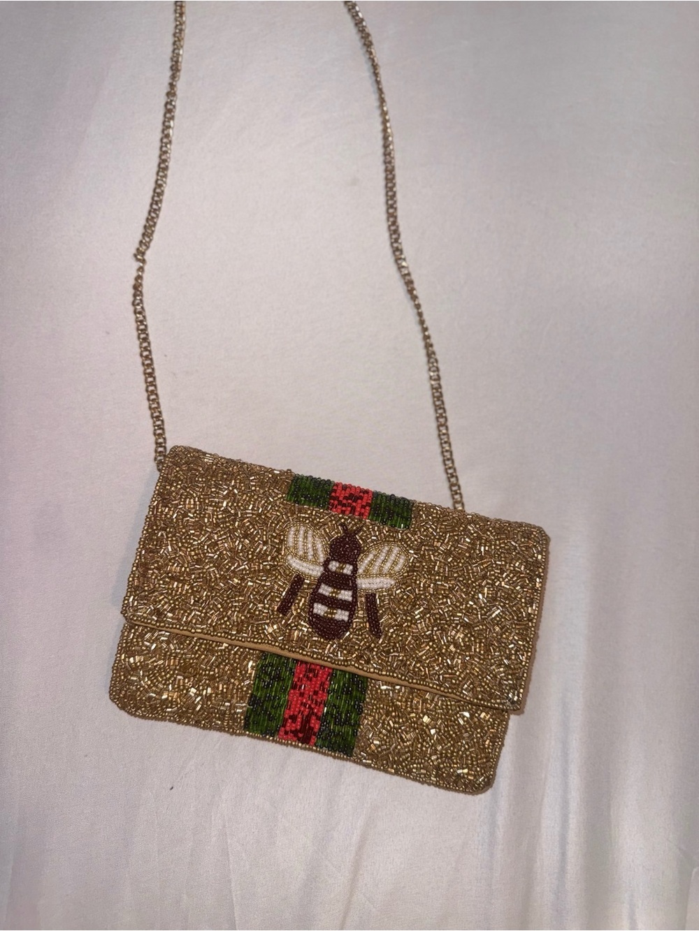 Boutique Women Beaded Gold/Red/Green Bee Design Cross Body Purse NWOT - Picture 9 of 15